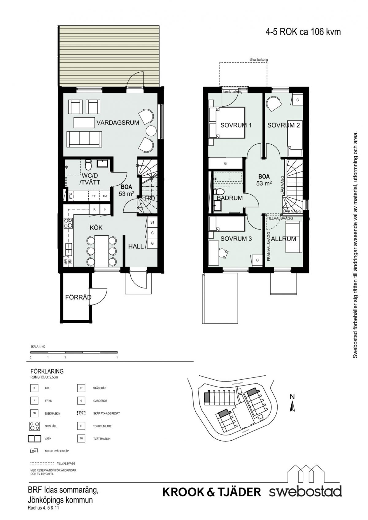 Planlösning hus 4,5,11 och orienteringsfigur