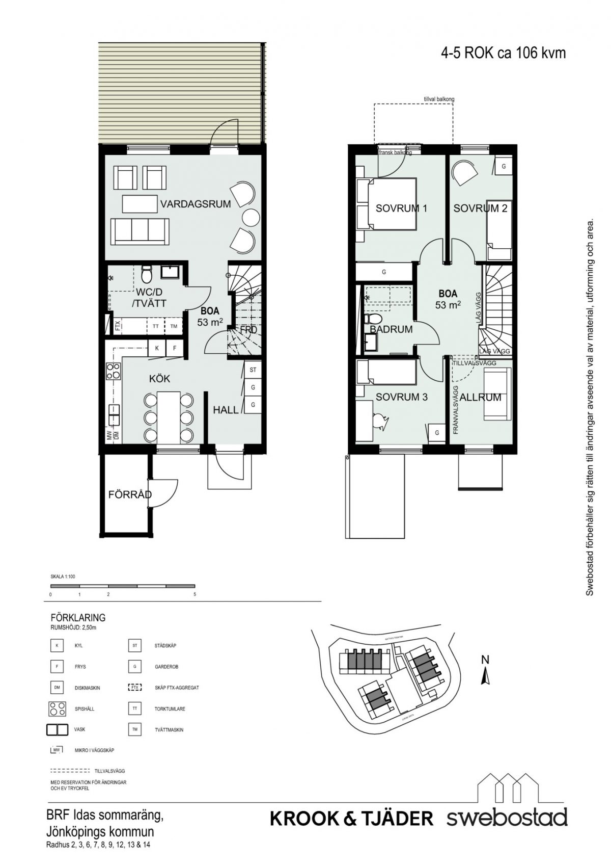 Planlösning hus 2,3,6,7,8,9,12,14,14 och orienteringsfigur